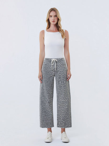 Vervet High Rise Drawstring Leopard Barrel Jeans