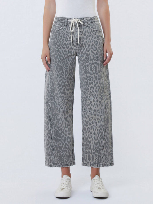 Vervet High Rise Drawstring Leopard Barrel Jeans
