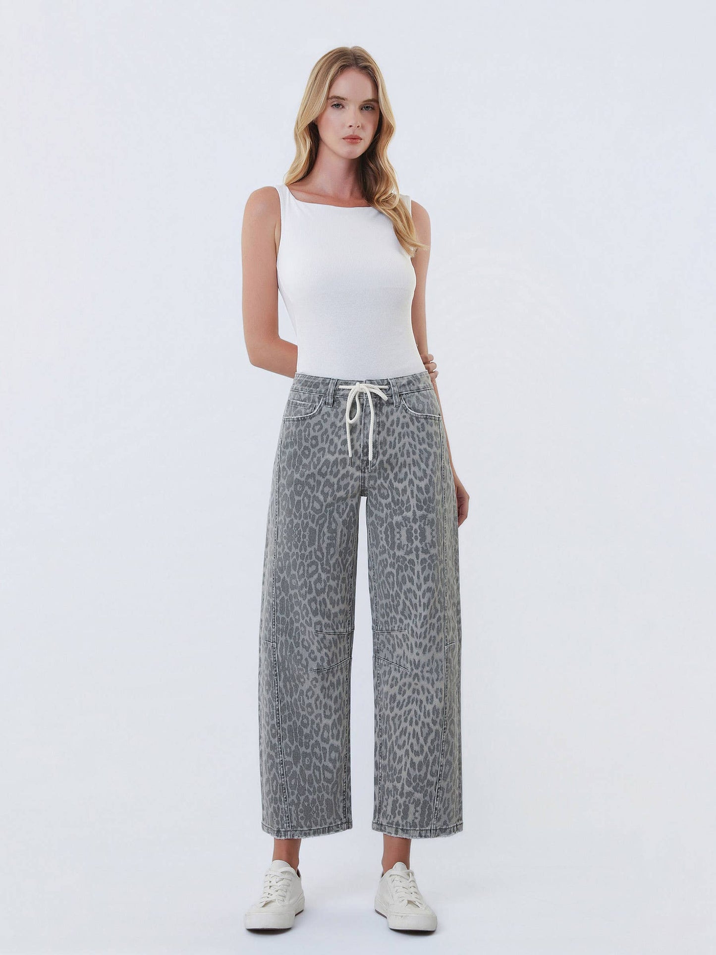 Vervet High Rise Drawstring Leopard Barrel Jeans