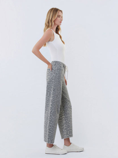 Vervet High Rise Drawstring Leopard Barrel Jeans