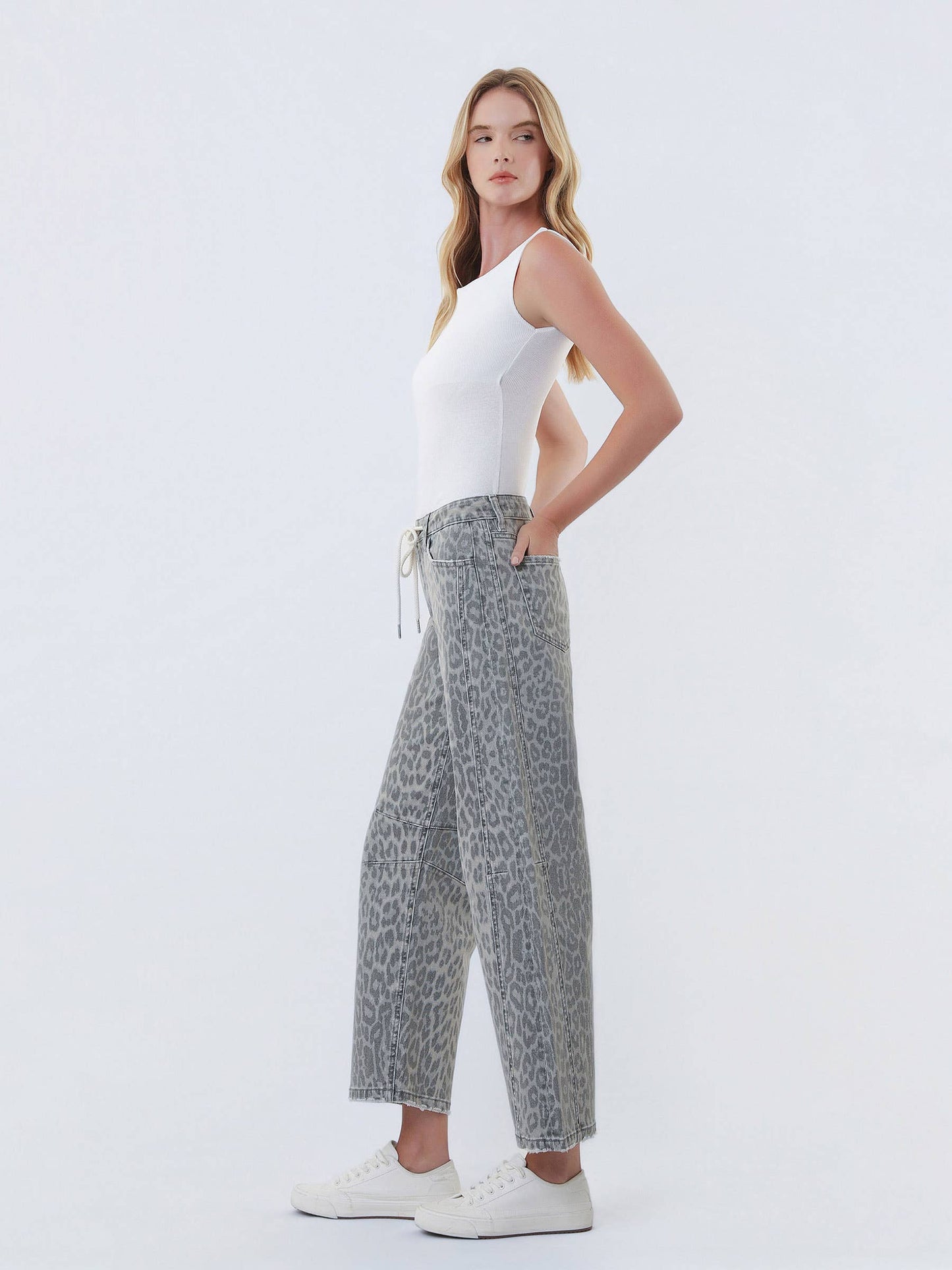 Vervet High Rise Drawstring Leopard Barrel Jeans