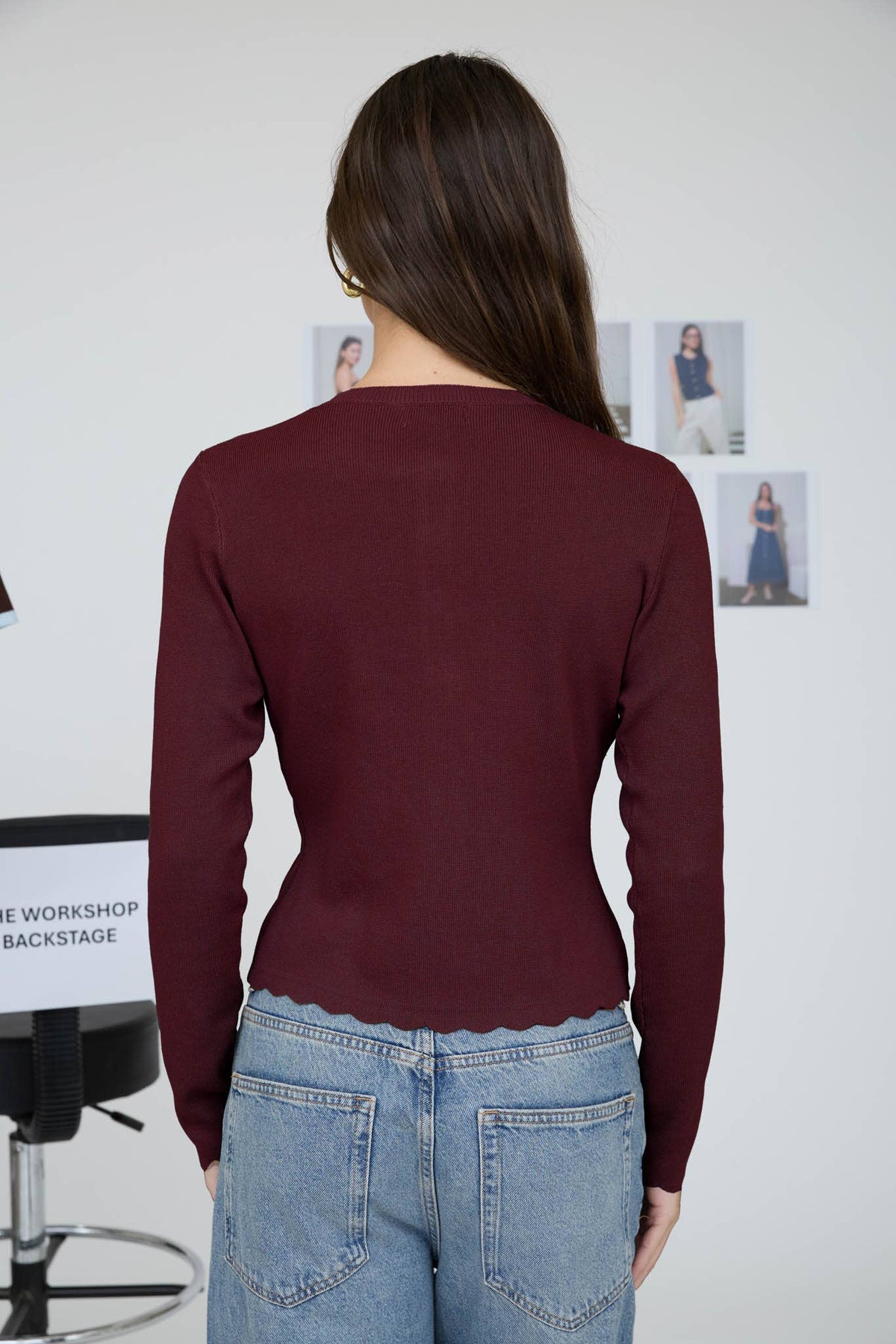 SCALLOPED BUTTON DETAIL LONG SLEEVE KNIT CARDIGAN : BURGUNDY